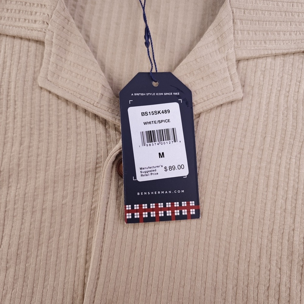 Ben Sherman Camp Shirt Medium NWT Beige Ribbed Short Sleeve Textured Cotton - Picture 3 of 9